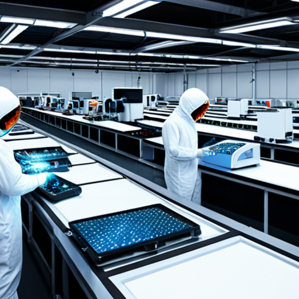 A futuristic factory floor buzzing with advanced robotic arms and automated machinery, precisely assembling electronic components. Engineers in cleanroom suits monitor glowing control panels, surrounded by integrated sensor systems and data visualizations, embodying the efficiency and precision of Industry