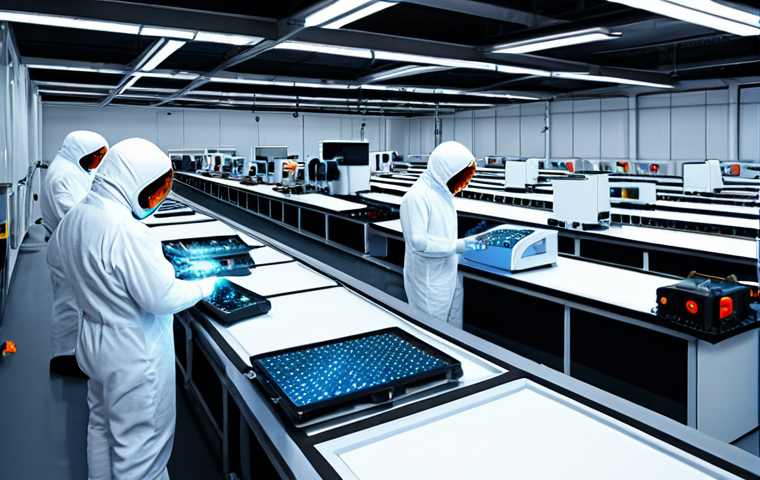 A futuristic factory floor buzzing with advanced robotic arms and automated machinery, precisely assembling electronic components. Engineers in cleanroom suits monitor glowing control panels, surrounded by integrated sensor systems and data visualizations, embodying the efficiency and precision of Industry