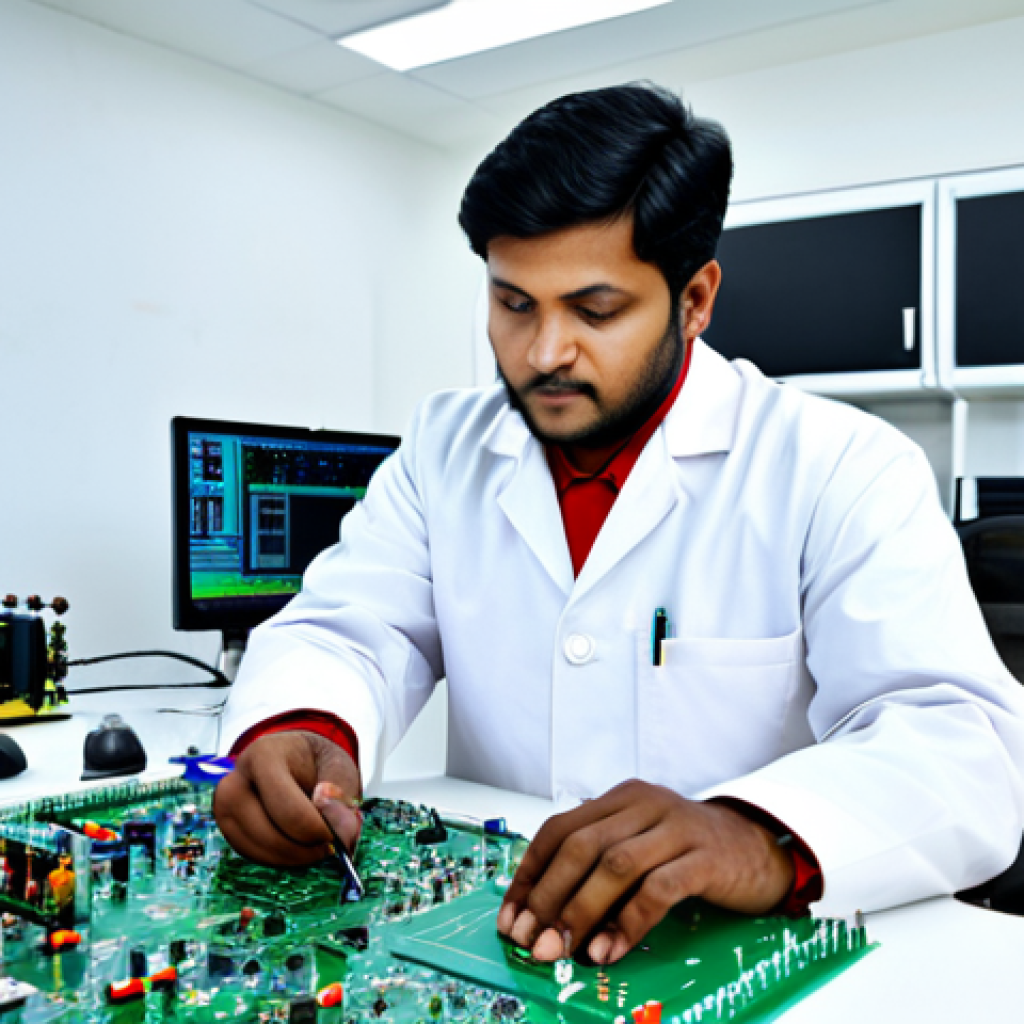 전자기기 자격증 준비 기간별 학습 계획 - A professional Bangladeshi engineer in a fully clothed lab coat, working on a circuit board with var...