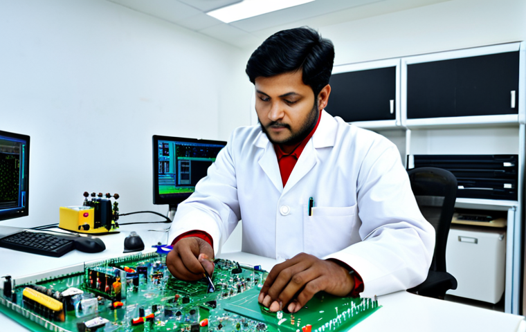 전자기기 자격증 준비 기간별 학습 계획 - A professional Bangladeshi engineer in a fully clothed lab coat, working on a circuit board with var...