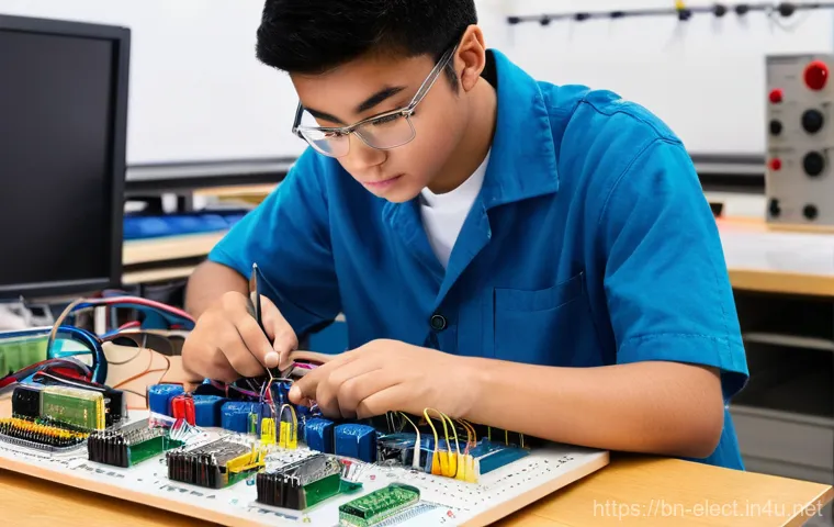 전자기기 실기 시험 체험기 - **Prompt 1: The Initial Spark of Discovery**
"A bright, well-organized electronics lab. A young ...